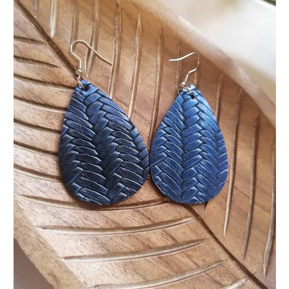 Faux Leather Blue Braided Textured Dangle Teardrop Earrings